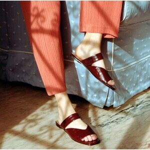 Nomasei Croc Embossed Calf Leather Slip On Mule Sandals In Bordeaux Sz 38=7.5